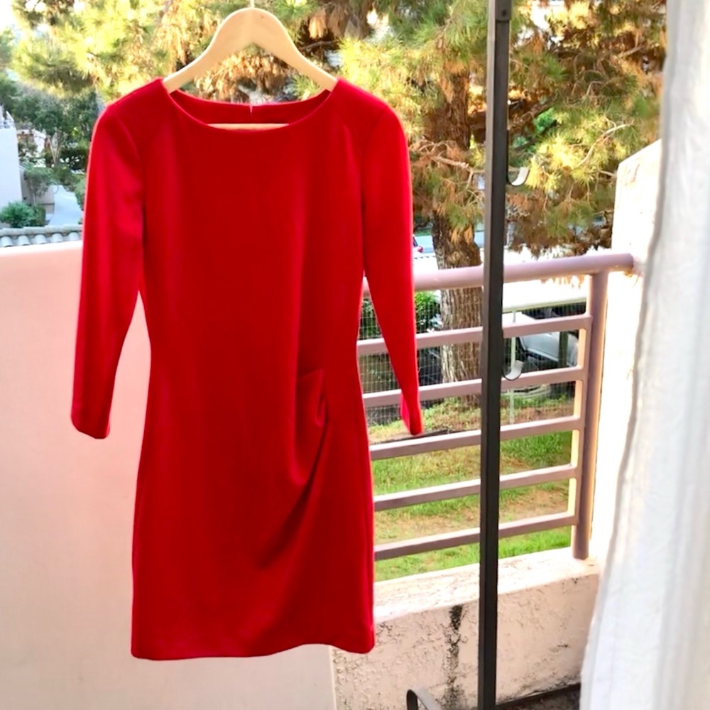 NWOT Mango Red Ruched Jersey Long Sleeve Dress
